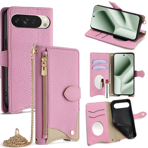 For Google Pixel 10 Leather Case Wallet Stand Cover Irregular Tail Style with Chain Strap - Pink - 1
