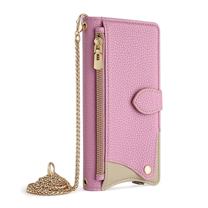 For Google Pixel 10 Leather Case Wallet Stand Cover Irregular Tail Style with Chain Strap - Pink - 4