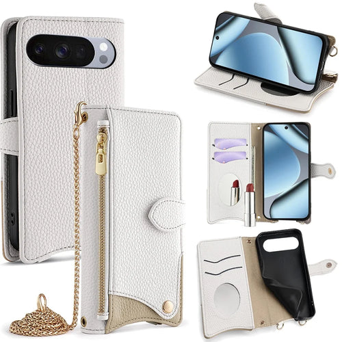 For Google Pixel 10 Pro XL Leather Case Wallet Stand Cover Irregular Tail Style with Chain Strap - White - 1