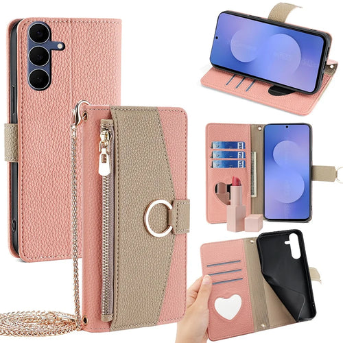 For Samsung Galaxy S25 FE Case Mirror Wallet Leather Phone Cover with Chain Shoulder Strap - Pink - 1