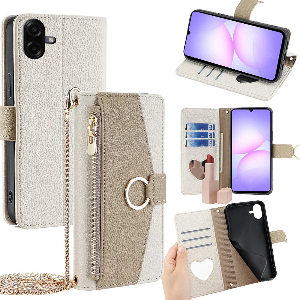 For Samsung Galaxy A08 5G / A08 4G / A07 4G Case Mirror Wallet Leather Phone Cover with Chain Shoulder Strap - White - 1