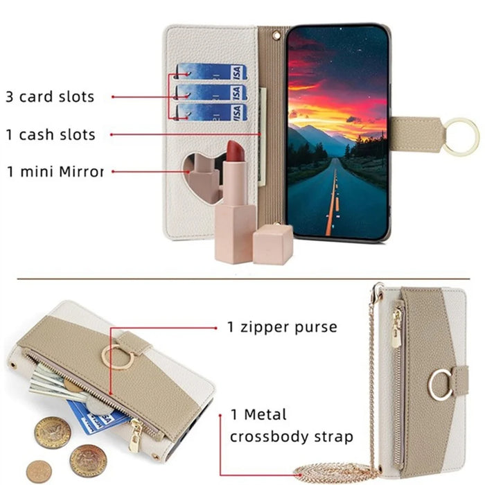 For Samsung Galaxy A08 5G / A08 4G / A07 4G Case Mirror Wallet Leather Phone Cover with Chain Shoulder Strap - White - 4