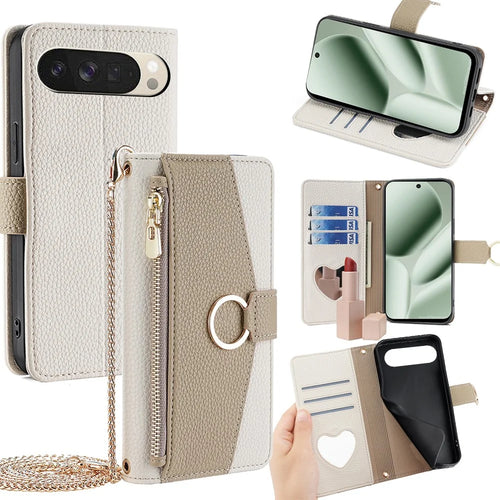 For Google Pixel 10 Case Mirror Wallet Leather Phone Cover with Chain Shoulder Strap - White - 1