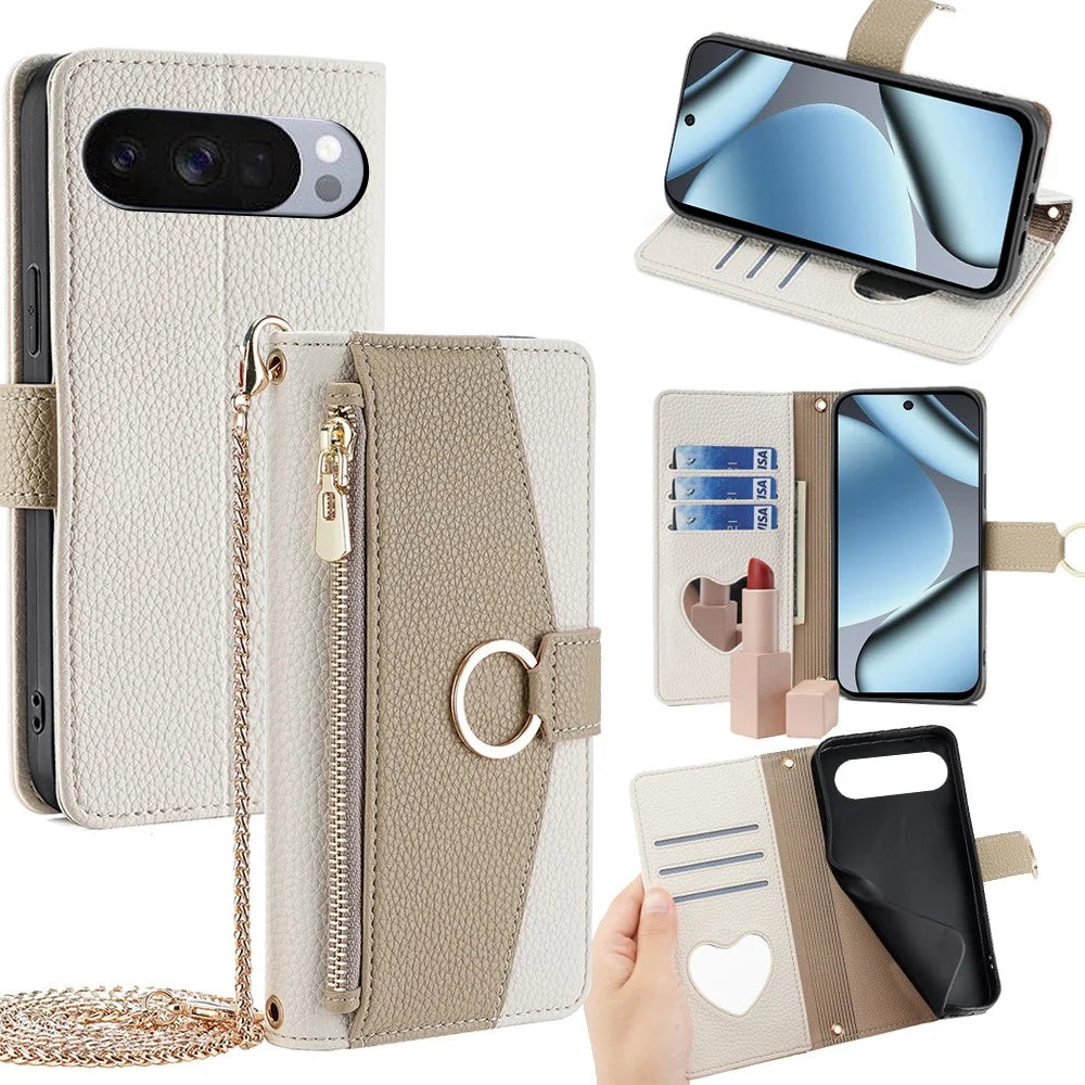 For Google Pixel 10 Pro XL Case Mirror Wallet Leather Phone Cover with Chain Shoulder Strap - White - 1