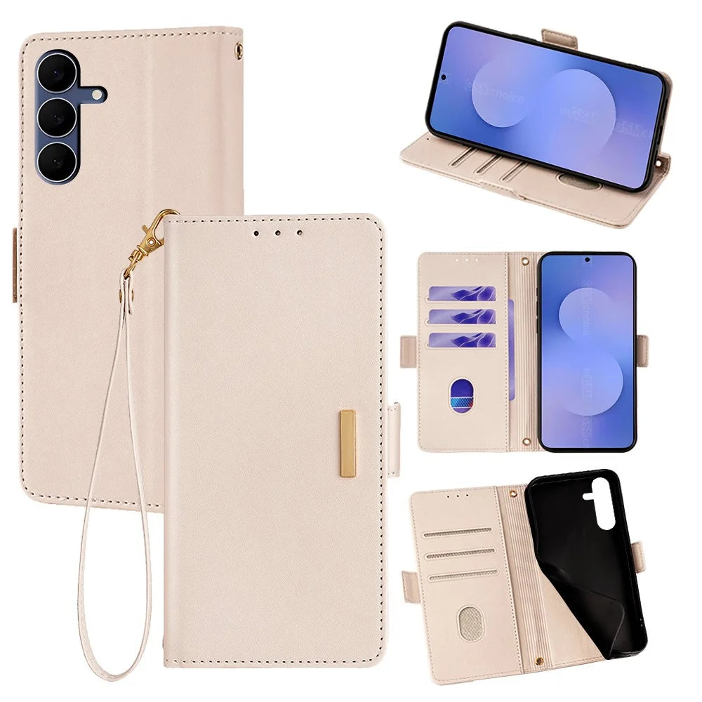 For Samsung Galaxy S25 FE Case RFID Blocking Wallet PU Leather Phone Cover with Wrist Strap - White - 1