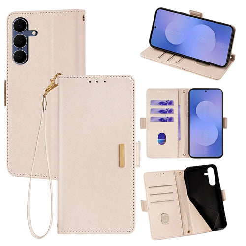 For Samsung Galaxy S25 FE Case RFID Blocking Wallet PU Leather Phone Cover with Wrist Strap - White - 1