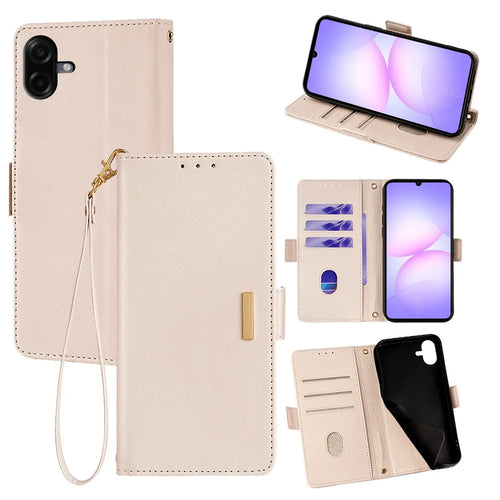 For Samsung Galaxy A08 5G / A08 4G / A07 4G Case RFID Blocking Wallet PU Leather Phone Cover with Wrist Strap - White - 1