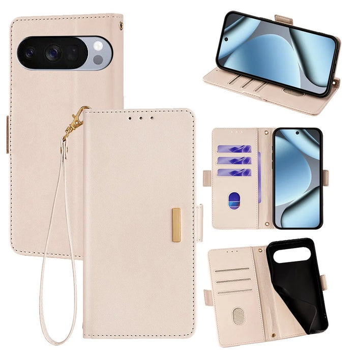 For Google Pixel 10 Pro XL Case RFID Blocking Wallet PU Leather Phone Cover with Wrist Strap - White - 1