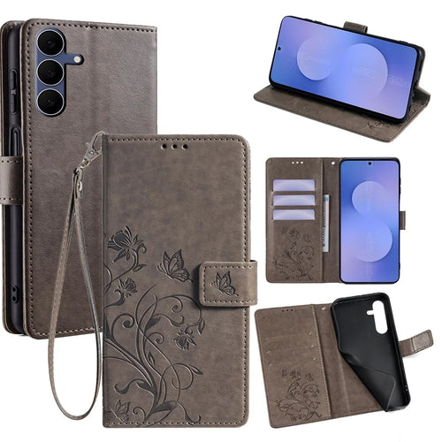 For Samsung Galaxy S25 FE Case Butterfly Flower Imprinted PU Leather Wallet Phone Cover - Grey - 1