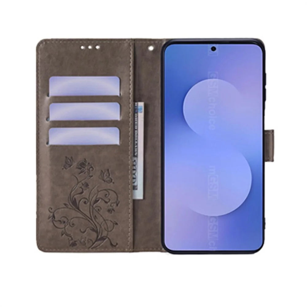 For Samsung Galaxy S25 FE Case Butterfly Flower Imprinted PU Leather Wallet Phone Cover - Grey - 2