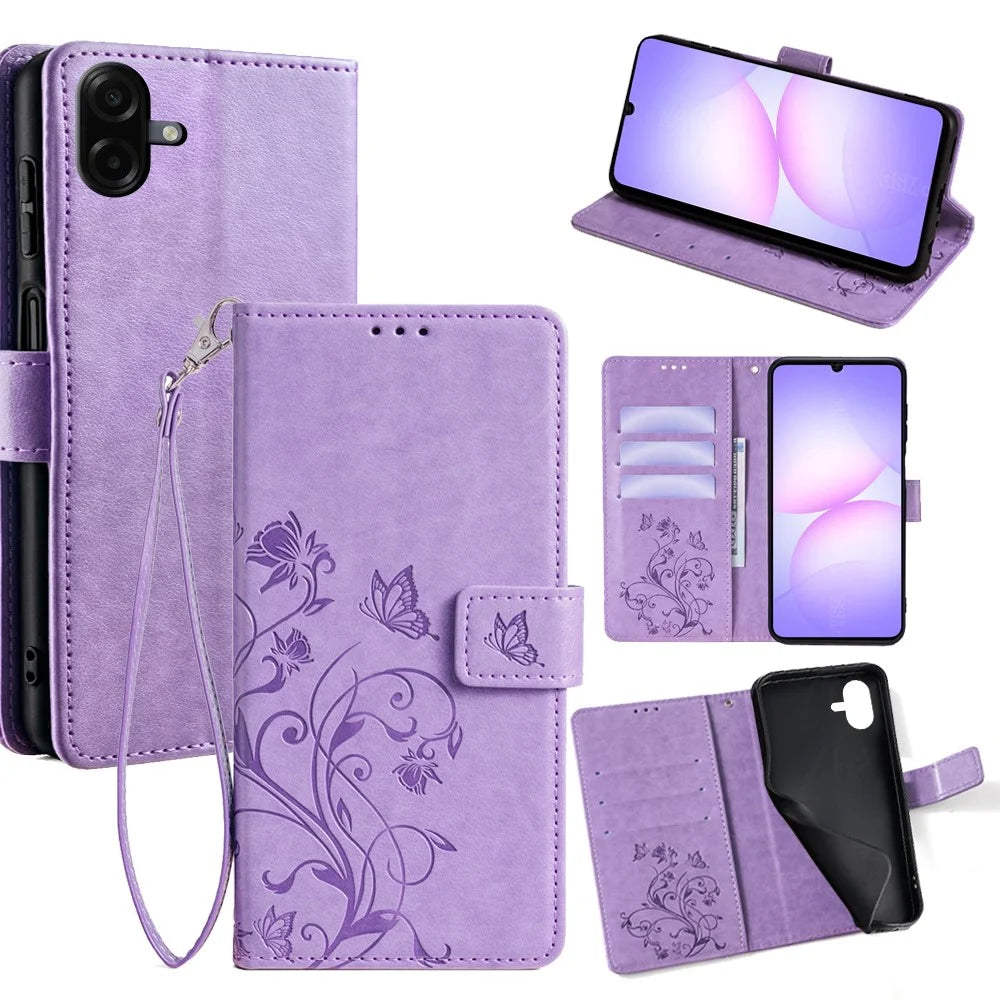 For Samsung Galaxy A08 5G / A08 4G / A07 4G Case Butterfly Flower Imprinted PU Leather Wallet Phone Cover - Purple - 1