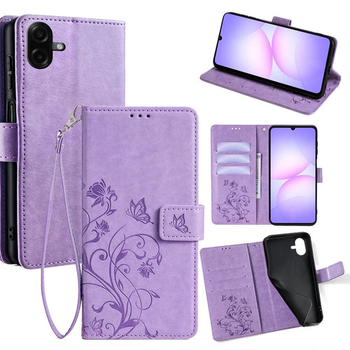 For Samsung Galaxy A08 5G / A08 4G / A07 4G Case Butterfly Flower Imprinted PU Leather Wallet Phone Cover - Purple - 1