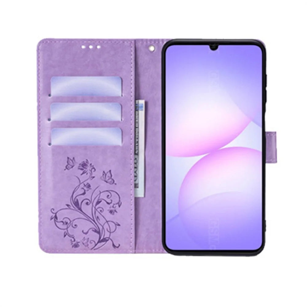 For Samsung Galaxy A08 5G / A08 4G / A07 4G Case Butterfly Flower Imprinted PU Leather Wallet Phone Cover - Purple - 3