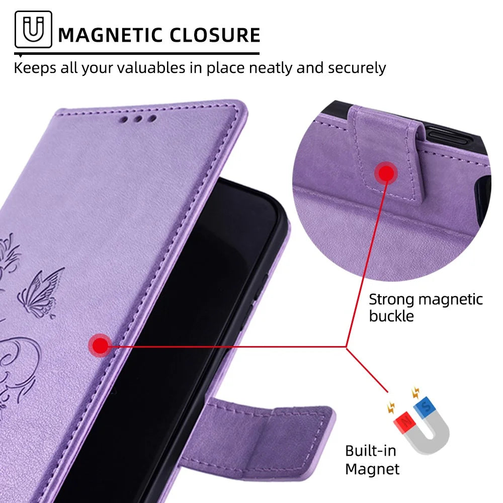 For Samsung Galaxy A08 5G / A08 4G / A07 4G Case Butterfly Flower Imprinted PU Leather Wallet Phone Cover - Purple - 6