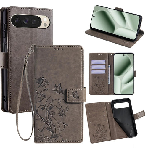 For Google Pixel 10 Case Butterfly Flower Imprinted PU Leather Wallet Phone Cover - Grey - 1