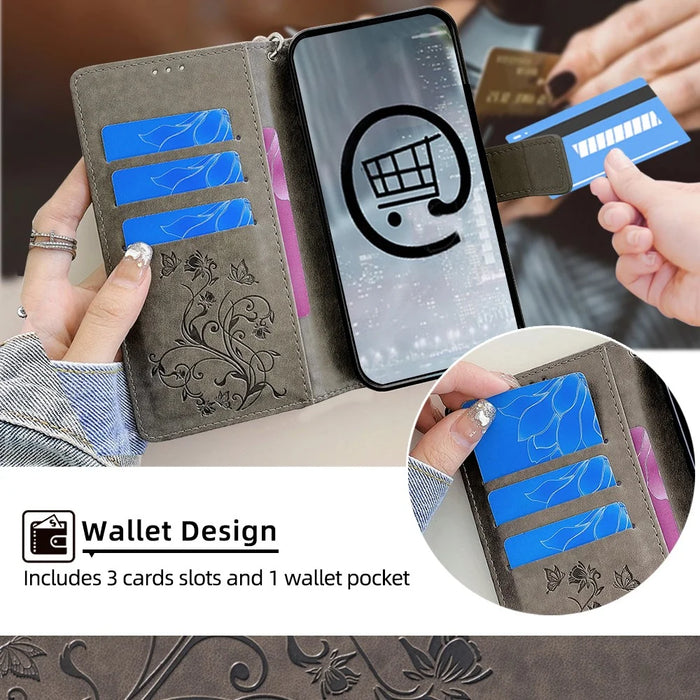 For Google Pixel 10 Case Butterfly Flower Imprinted PU Leather Wallet Phone Cover - Grey - 5