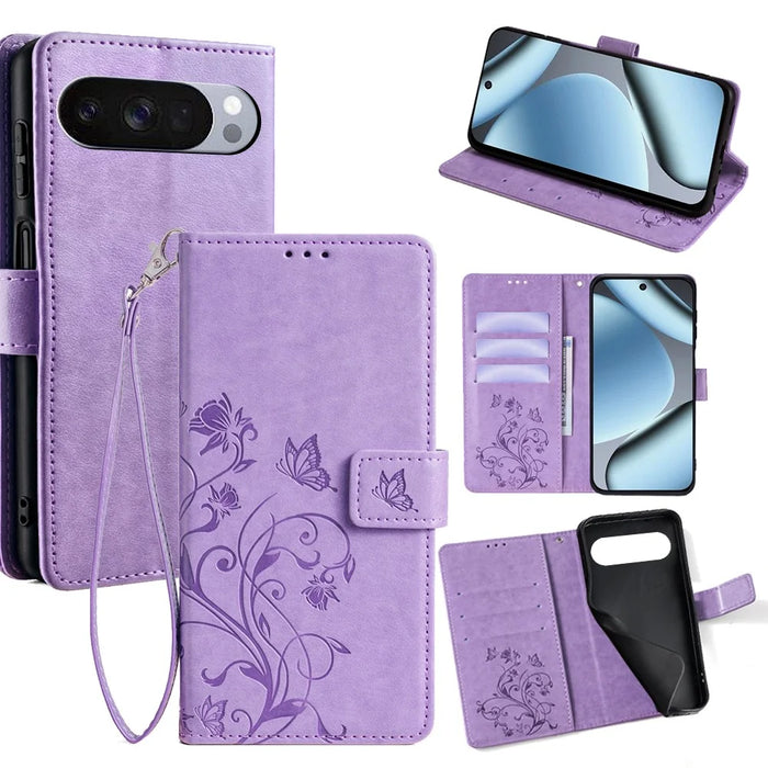 For Google Pixel 10 Pro XL Case Butterfly Flower Imprinted PU Leather Wallet Phone Cover - Purple - 1