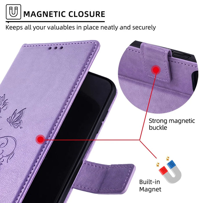 For Google Pixel 10 Pro XL Case Butterfly Flower Imprinted PU Leather Wallet Phone Cover - Purple - 6