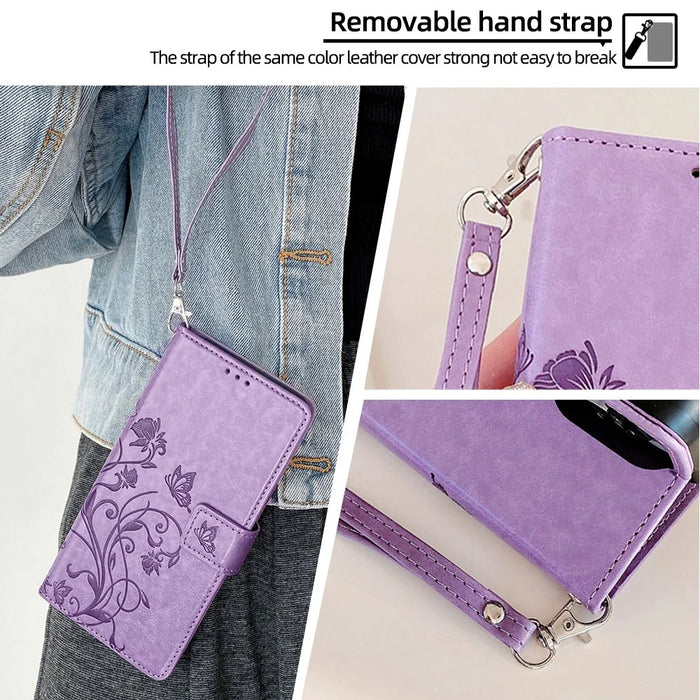 For Google Pixel 10 Pro XL Case Butterfly Flower Imprinted PU Leather Wallet Phone Cover - Purple - 7