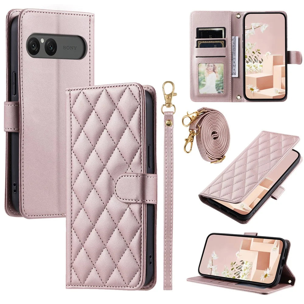 For Sony Xperia 10 VII Case Wallet Rhombus Grid PU Leather Phone Cover with Shoulder Strap / Wrist Strap - Rose Gold - 1
