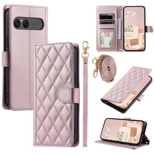 For Sony Xperia 10 VII Case Wallet Rhombus Grid PU Leather Phone Cover with Shoulder Strap / Wrist Strap - Rose Gold - 1