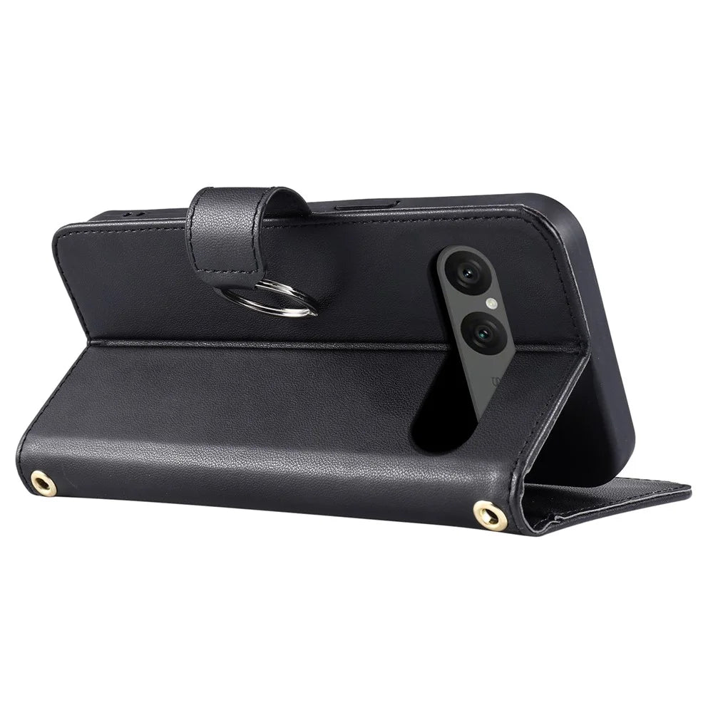 For Sony Xperia 10 VII Case Ring Buckle Wallet Stand Rhombus Crossbody Leather Mobile Cover - Black - 5