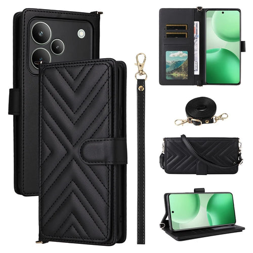 For Realme P4 Pro 5G Case with Shoulder  /  Wrist Strap Leather Phone Cover Stand Wallet - Black - 1