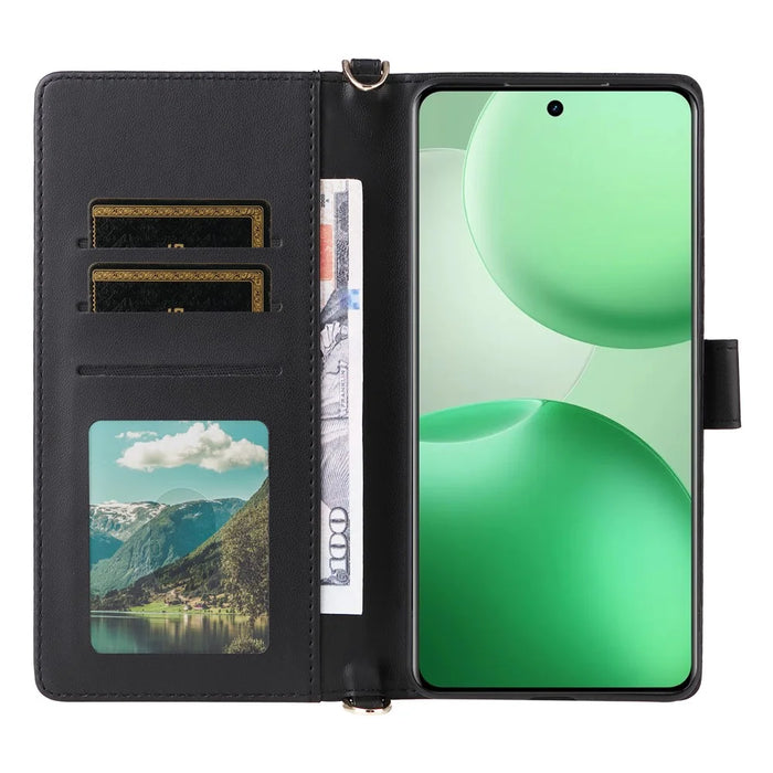 For Realme P4 Pro 5G Case with Shoulder  /  Wrist Strap Leather Phone Cover Stand Wallet - Black - 2