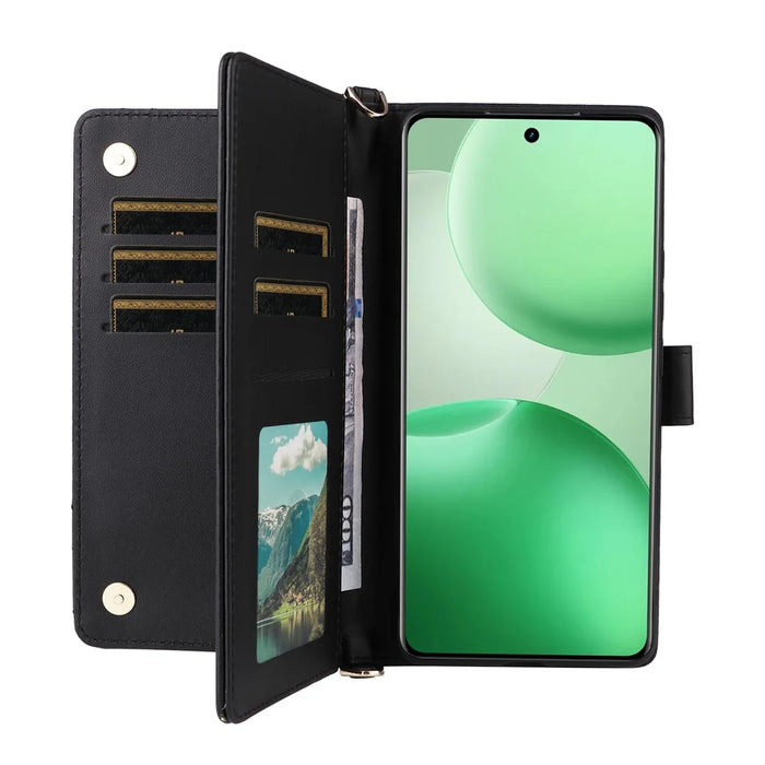 For Realme P4 Pro 5G Case with Shoulder  /  Wrist Strap Leather Phone Cover Stand Wallet - Black - 5