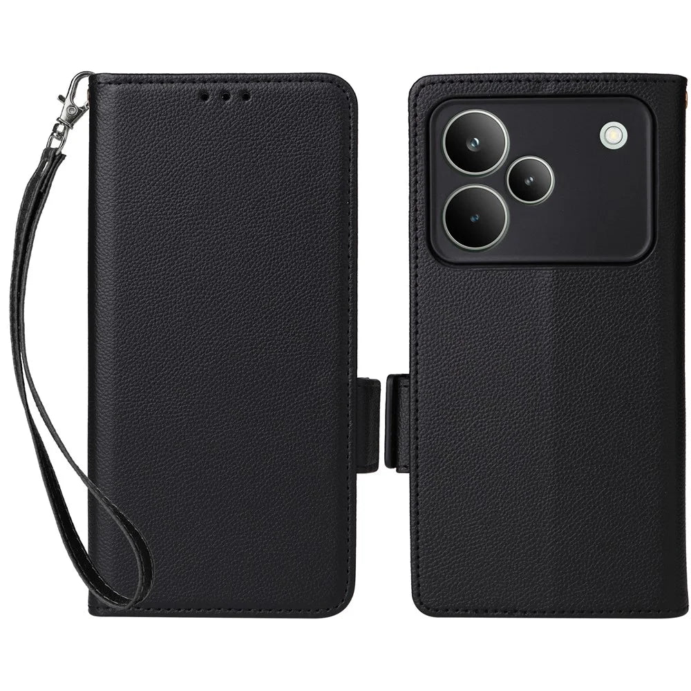 For Realme P4 Pro 5G Case Litchi Texture Wallet Leather Phone Cover with Wrist Strap - Black - 1