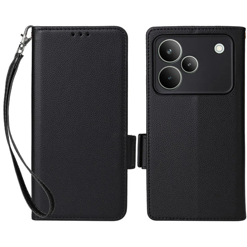 For Realme P4 Pro 5G Case Litchi Texture Wallet Leather Phone Cover with Wrist Strap - Black - 1