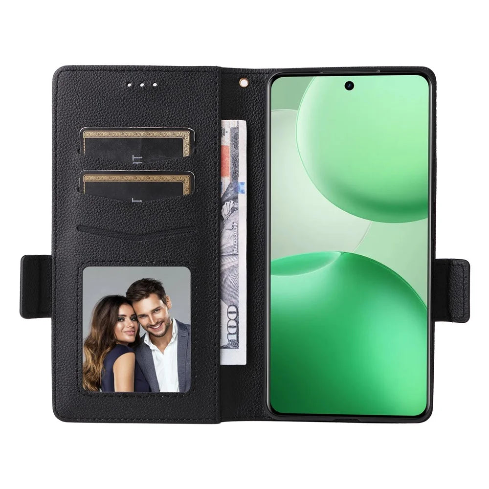 For Realme P4 Pro 5G Case Litchi Texture Wallet Leather Phone Cover with Wrist Strap - Black - 2