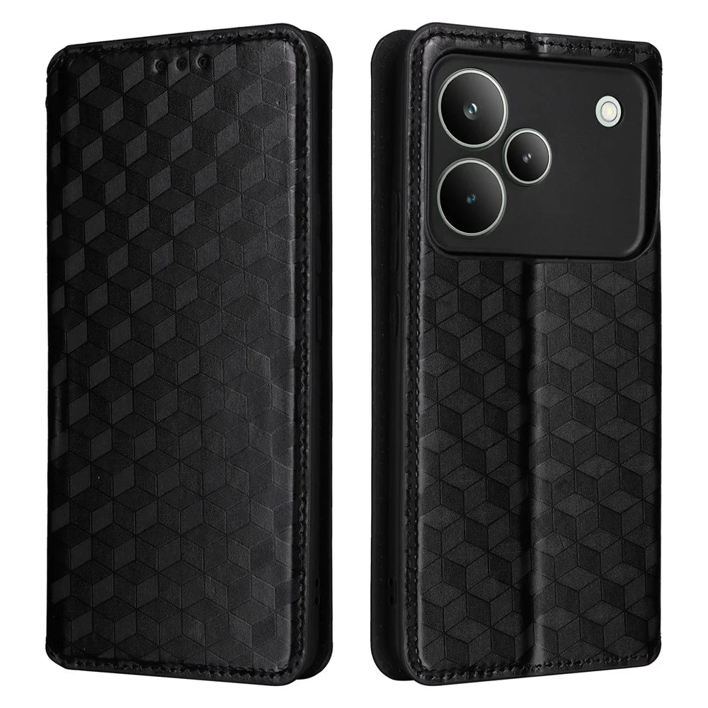 For Realme P4 Pro 5G Case Wallet Rhombus Imprinted Leather Phone Cover - Black - 1