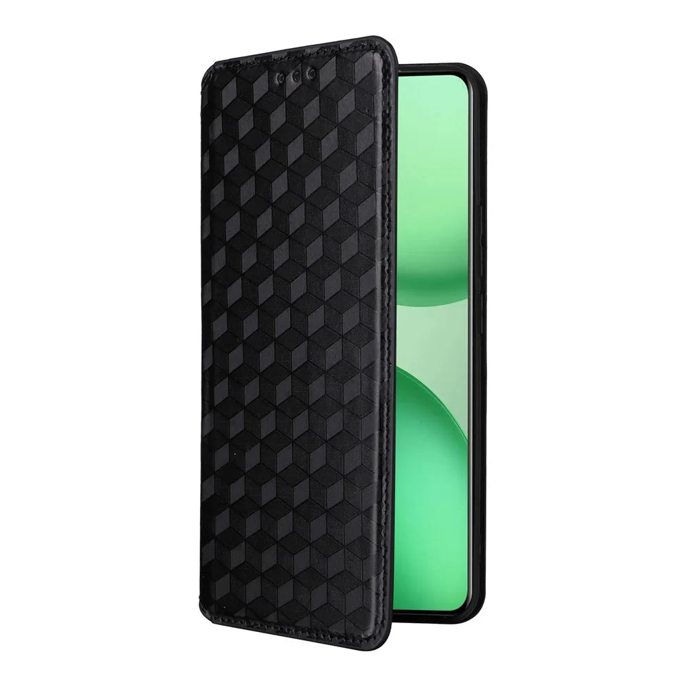 For Realme P4 Pro 5G Case Wallet Rhombus Imprinted Leather Phone Cover - Black - 5