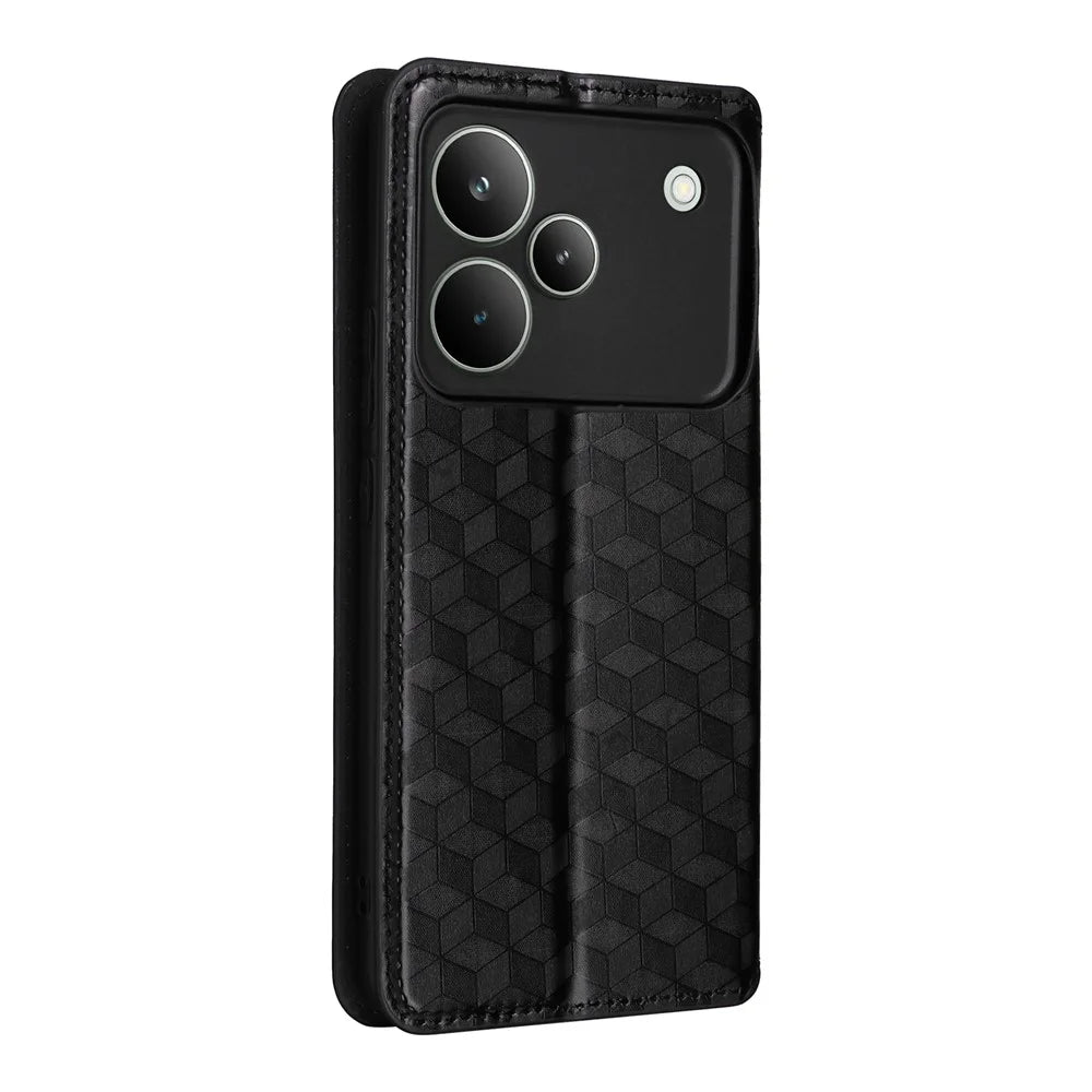 For Realme P4 Pro 5G Case Wallet Rhombus Imprinted Leather Phone Cover - Black - 6