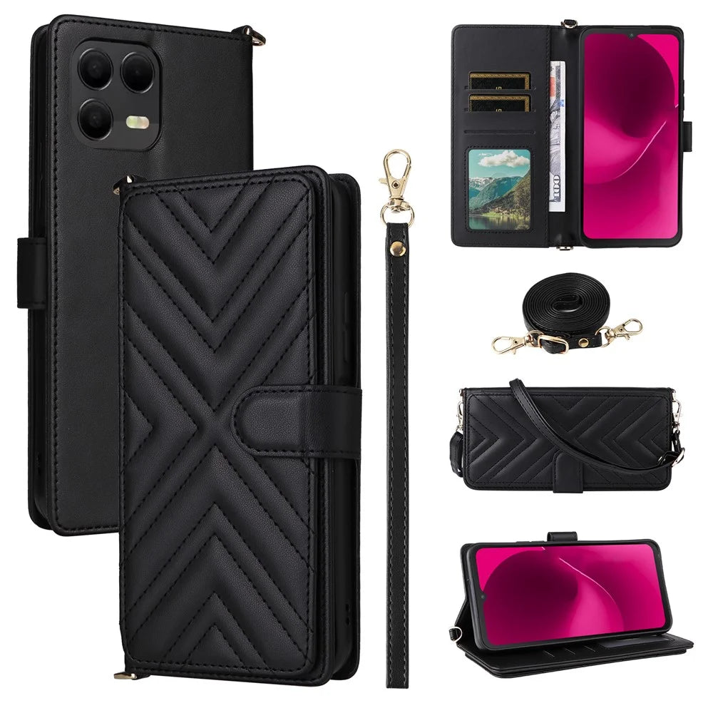 Leather Case for T-Mobile Revvl 8 Pro / T-Mobile T Phone 3 Pro / Telekom T Phone 3 Pro Stand Wallet Phone Cover with Shoulder / Wrist Strap - Black - 1