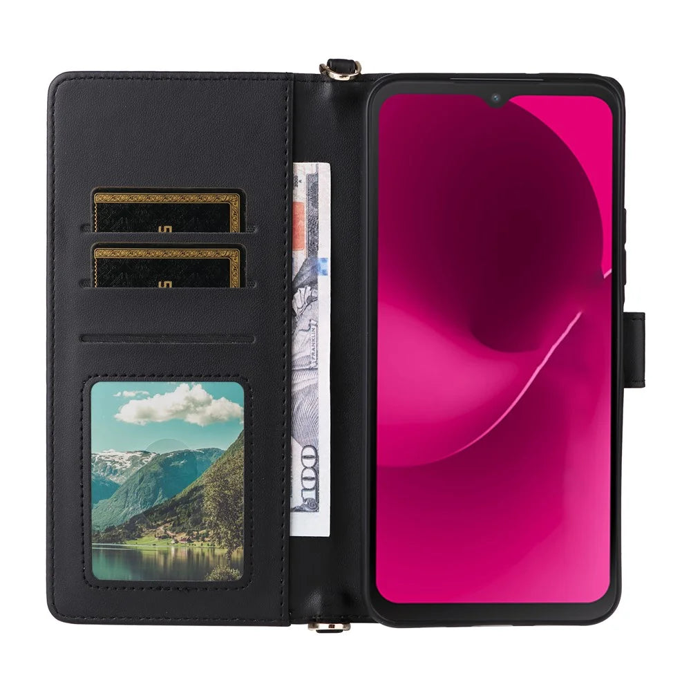 Leather Case for T-Mobile Revvl 8 Pro / T-Mobile T Phone 3 Pro / Telekom T Phone 3 Pro Stand Wallet Phone Cover with Shoulder / Wrist Strap - Black - 2