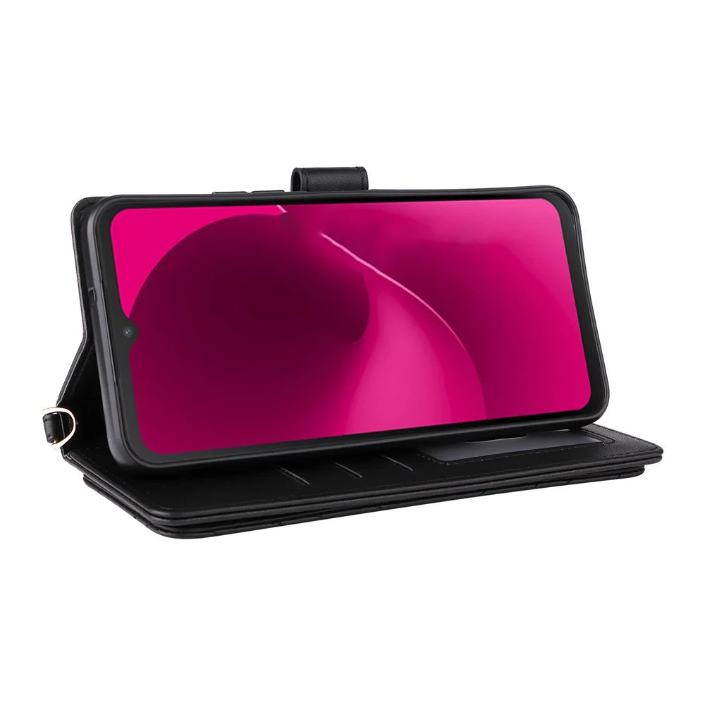 Leather Case for T-Mobile Revvl 8 Pro / T-Mobile T Phone 3 Pro / Telekom T Phone 3 Pro Stand Wallet Phone Cover with Shoulder / Wrist Strap - Black - 3