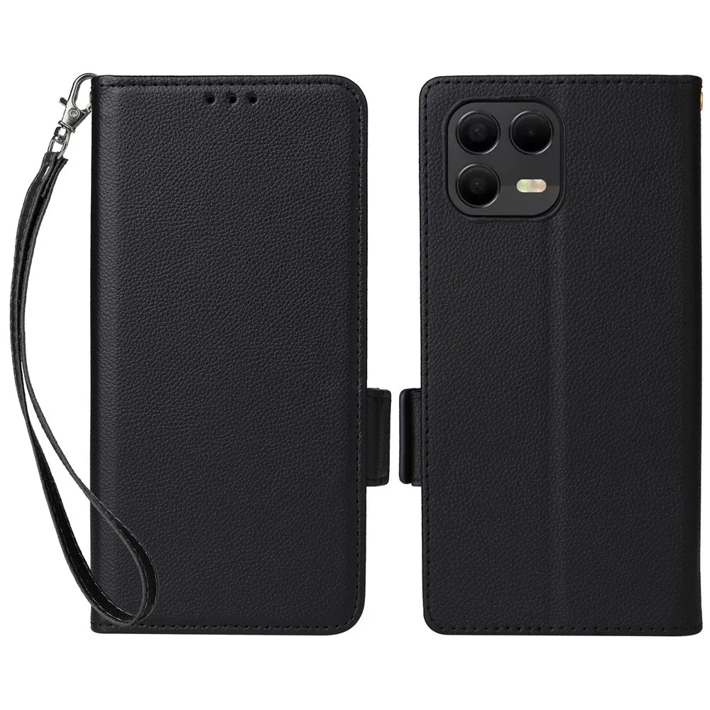 Leather Case for T-Mobile Revvl 8 Pro / T-Mobile T Phone 3 Pro / Telekom T Phone 3 Pro Litchi Texture Wallet Phone Cover with Wrist Strap - Black - 1
