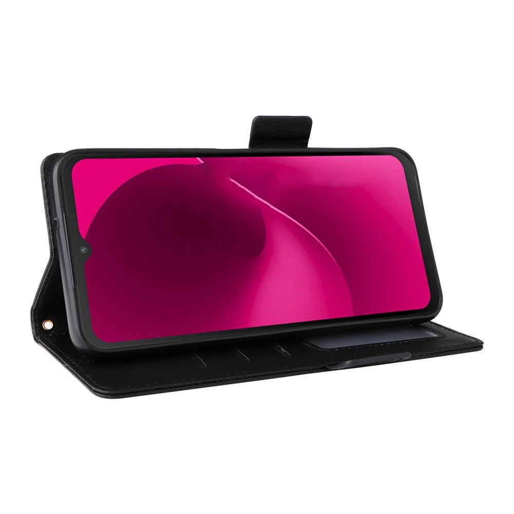 Leather Case for T-Mobile Revvl 8 Pro / T-Mobile T Phone 3 Pro / Telekom T Phone 3 Pro Litchi Texture Wallet Phone Cover with Wrist Strap - Black - 3