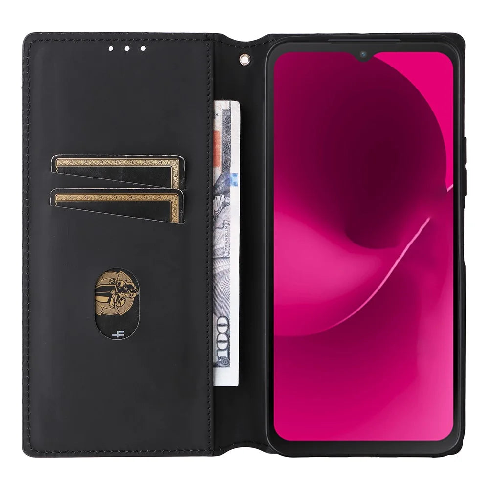 Leather Case for T-Mobile Revvl 8 Pro / T-Mobile T Phone 3 Pro / Telekom T Phone 3 Pro Wallet Rhombus Imprinted Phone Cover - Black - 2