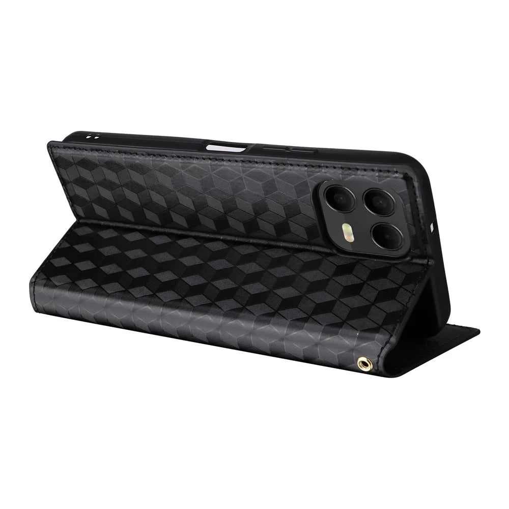 Leather Case for T-Mobile Revvl 8 Pro / T-Mobile T Phone 3 Pro / Telekom T Phone 3 Pro Wallet Rhombus Imprinted Phone Cover - Black - 4