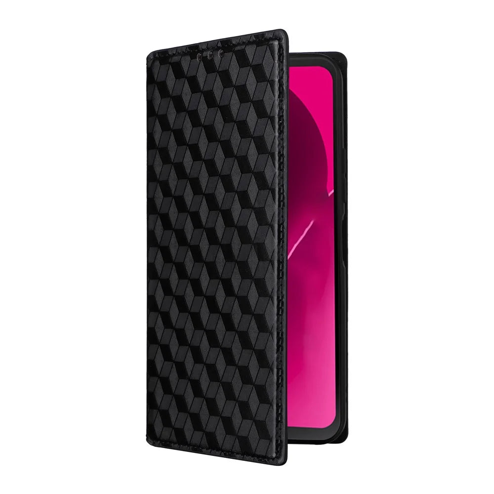 Leather Case for T-Mobile Revvl 8 Pro / T-Mobile T Phone 3 Pro / Telekom T Phone 3 Pro Wallet Rhombus Imprinted Phone Cover - Black - 5