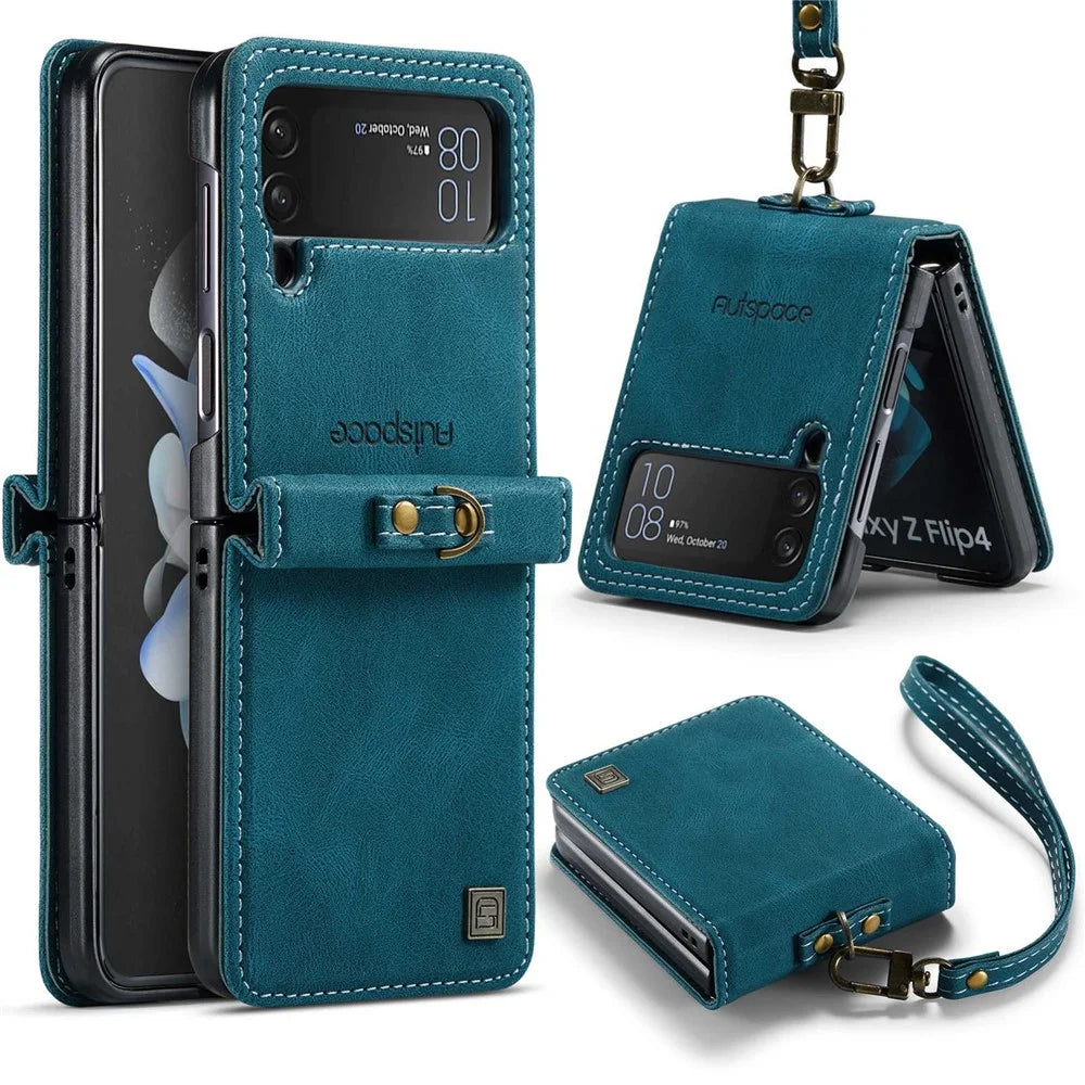 AUTSPACE A01 Series Shockproof Case for Samsung Galaxy Z Flip4 5G PU Leather + PC Vintage Matte Protective Case with Strap - Blue - 1