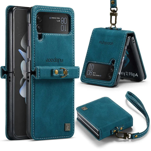 AUTSPACE A01 Series Shockproof Case for Samsung Galaxy Z Flip4 5G PU Leather + PC Vintage Matte Protective Case with Strap - Blue - 1