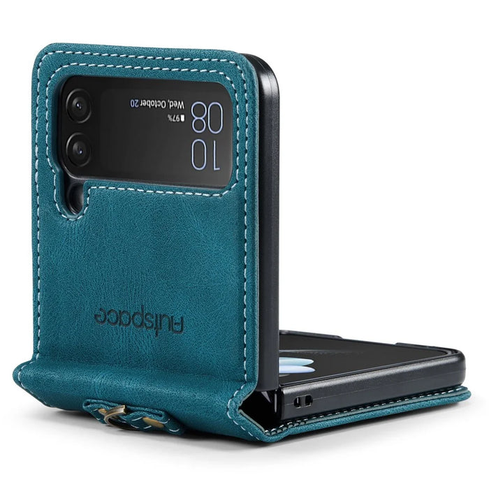 AUTSPACE A01 Series Shockproof Case for Samsung Galaxy Z Flip4 5G PU Leather + PC Vintage Matte Protective Case with Strap - Blue - 4