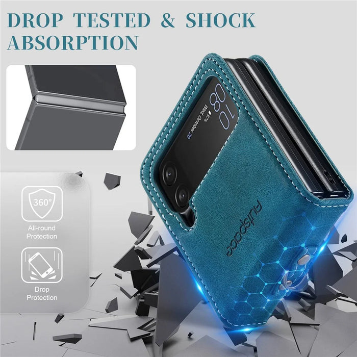 AUTSPACE A01 Series Shockproof Case for Samsung Galaxy Z Flip4 5G PU Leather + PC Vintage Matte Protective Case with Strap - Blue - 6