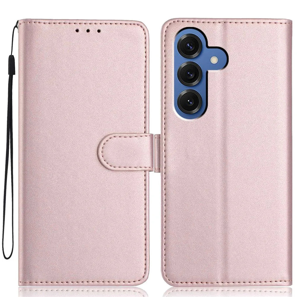 For Samsung Galaxy S26 Wallet Case with Strap / Multiple Card Slots Solid Color Leather Stand Phone Cover - Rose Gold - 1