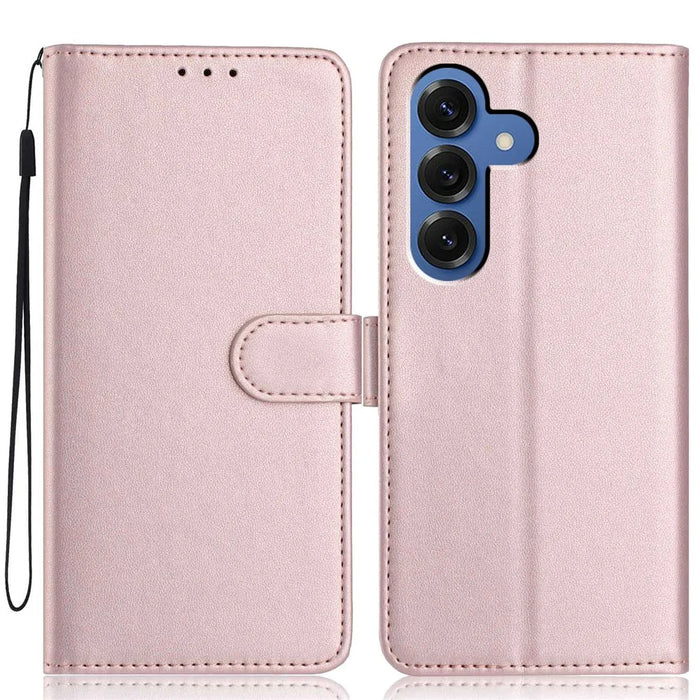 For Samsung Galaxy S26 Wallet Case with Strap / Multiple Card Slots Solid Color Leather Stand Phone Cover - Rose Gold - 1