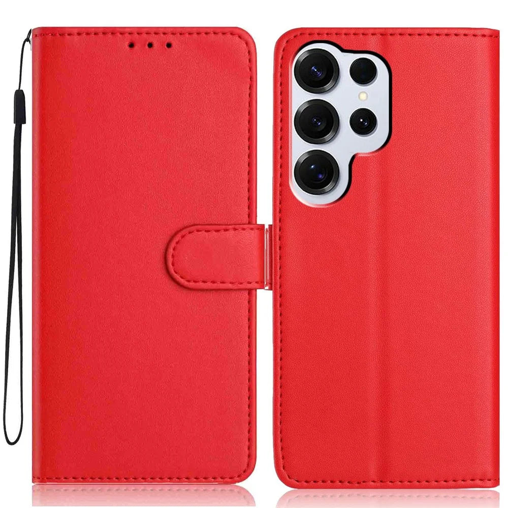 For Samsung Galaxy S26 Ultra Wallet Case with Strap  /  Multiple Card Slots Solid Color Leather Stand Phone Cover - Red - 1